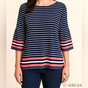 Max Studio Blue White Coral Striped 3/4 Bell Sleeves Soft Nautical Top Size S